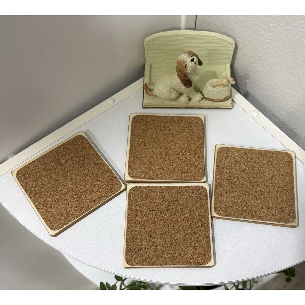Vintage 4 Coaster Set with 3D Dog Puppy Holder Handpainted Carparatian